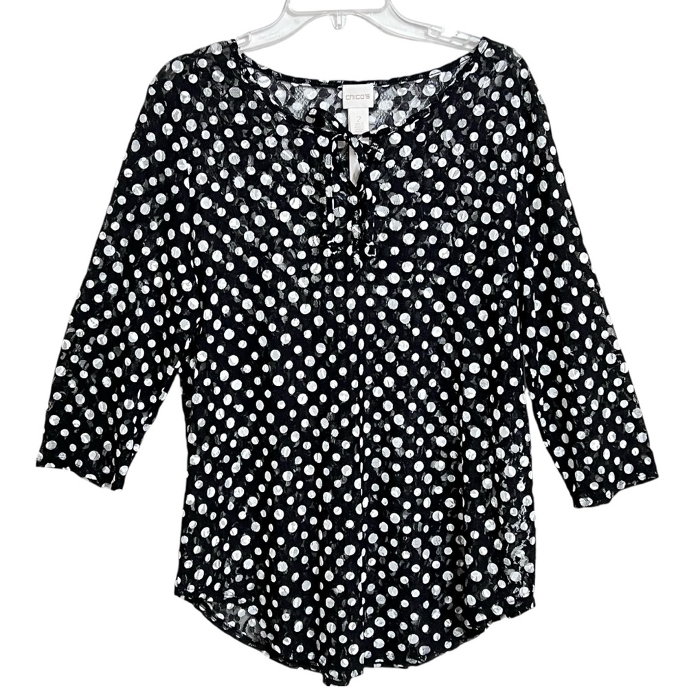 Chico's Polka Dot Mesh Lace Tunic Top Womens L 12  Semi Sheet Coastal Grandma